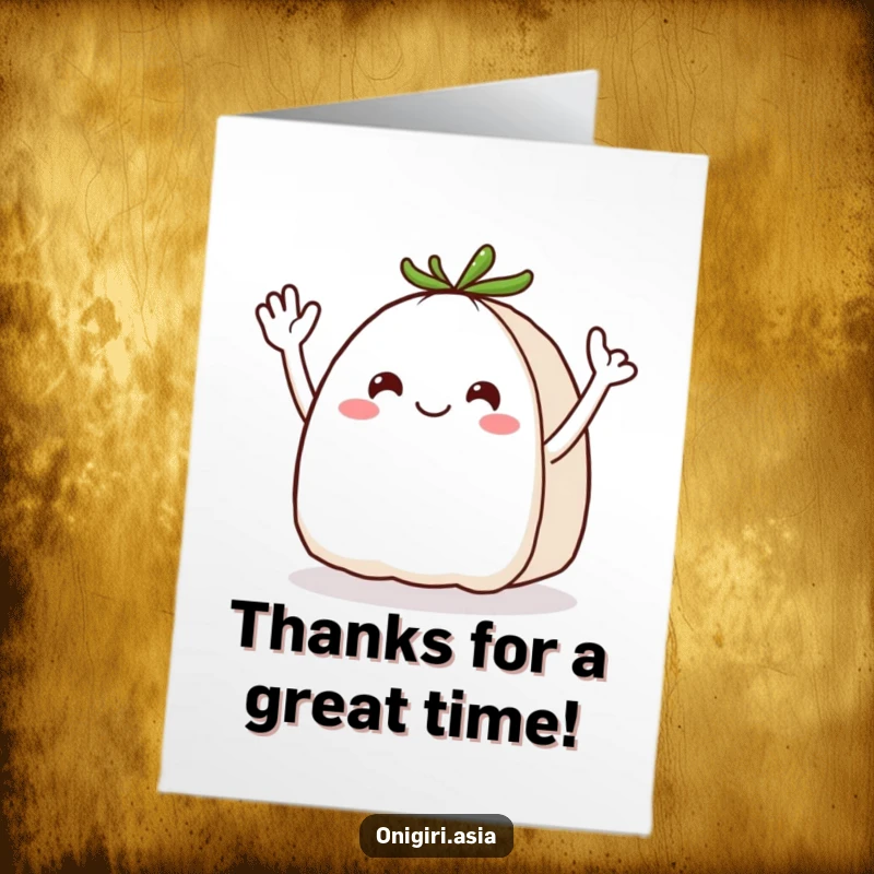 Funny Free Printable Thank You Card of a happy onigiri character with energetic wavy arms waving a warm thank you.