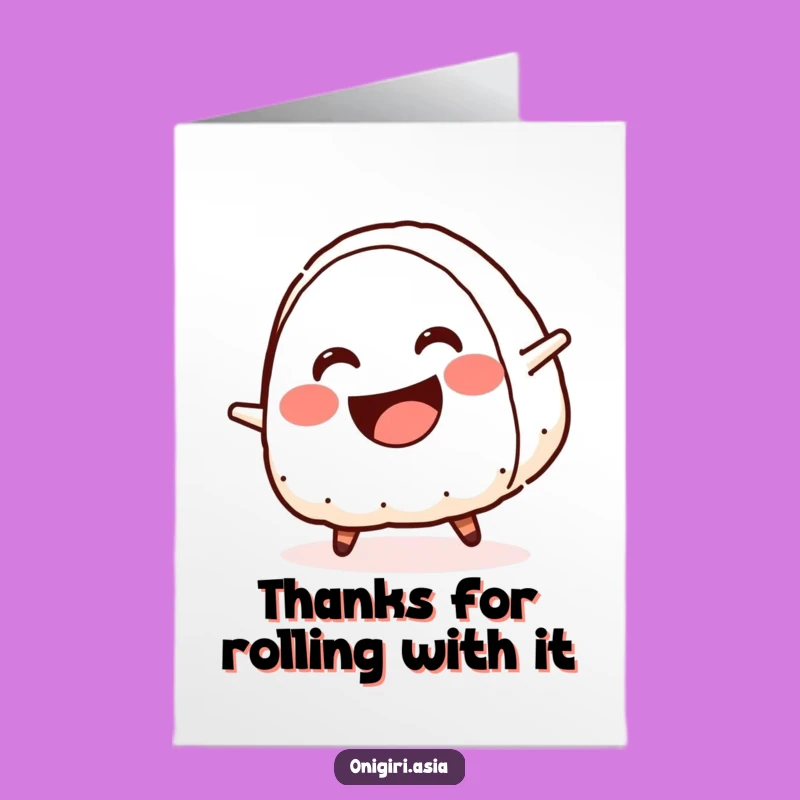 Free Printable Thank You Card: Cartwheeling Onigiri Expressing Thanks - Funny Downloadable Gift