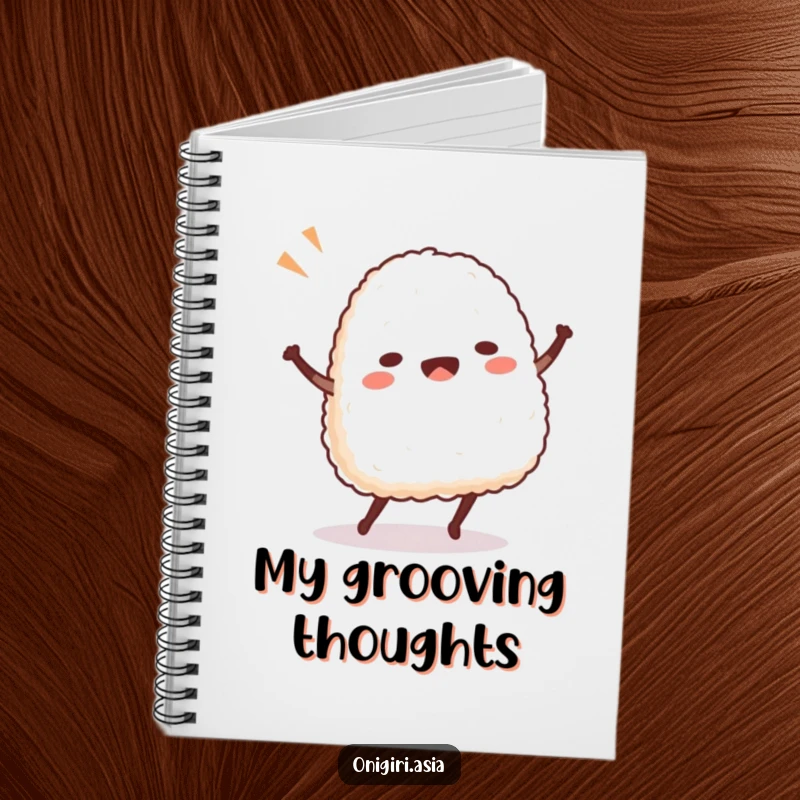 Funny Dancing Onigiri Notebook featuring a rice ball character in a fun dance, perfect for jotting down funny thoughts.