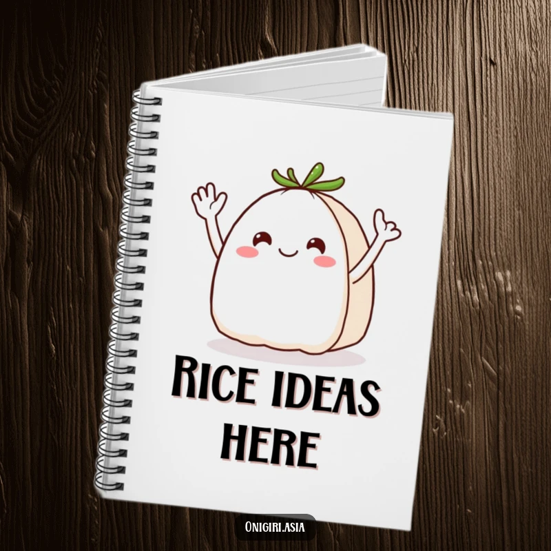 Funny Onigiri Notebook: A cheerful rice ball mascot with dynamic wavy arms waving, ideal for note-taking and journaling.
