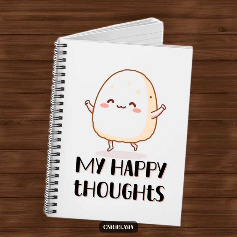 Funny notebook featuring a happy onigiri character on tiny legs doing a dance, ready for humorous notes.