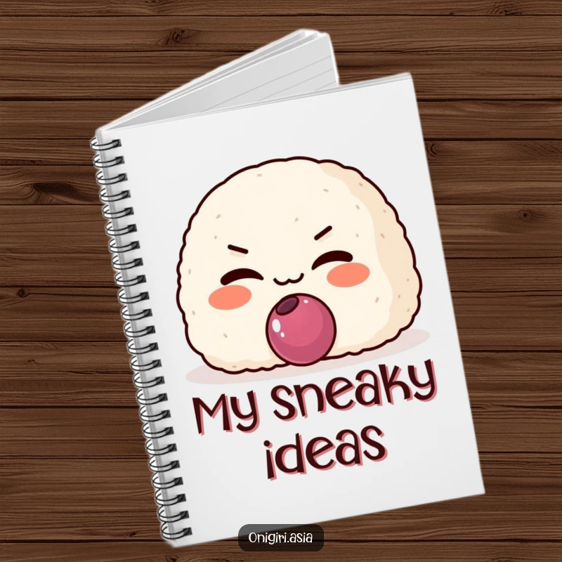 Funny Mischievous Onigiri Notebook featuring a grinning rice ball character offering a plum, perfect for jotting secrets.