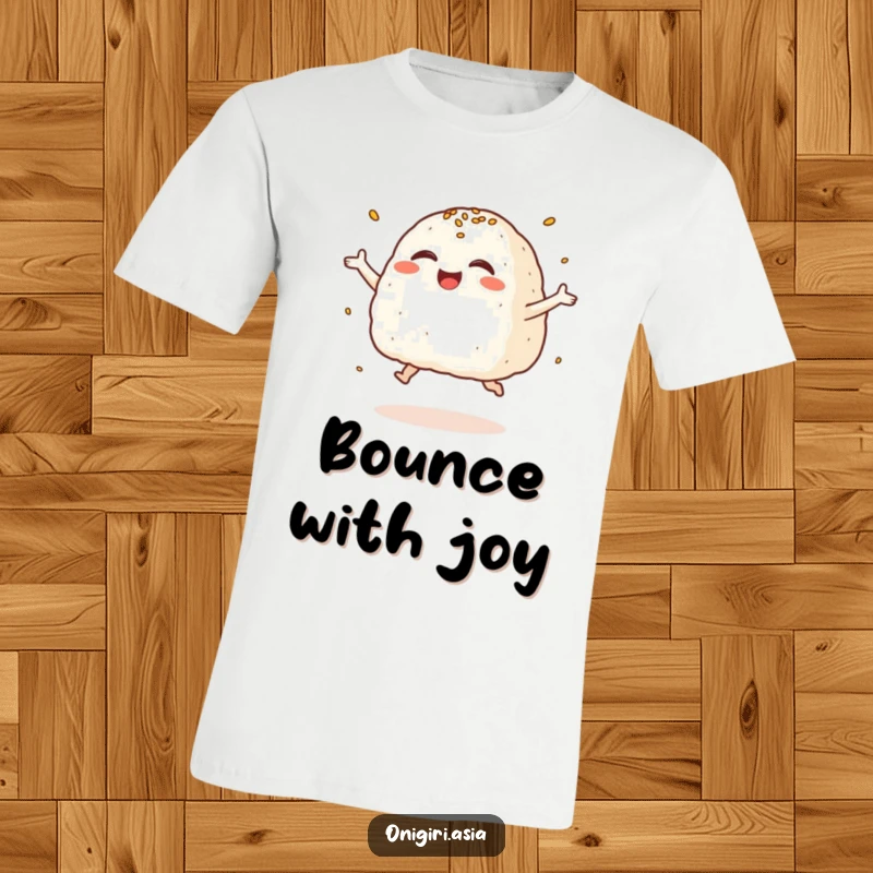 Funny Giggling Onigiri T-Shirt with a rice ball character joyfully leaping, covered in sesame seeds.
