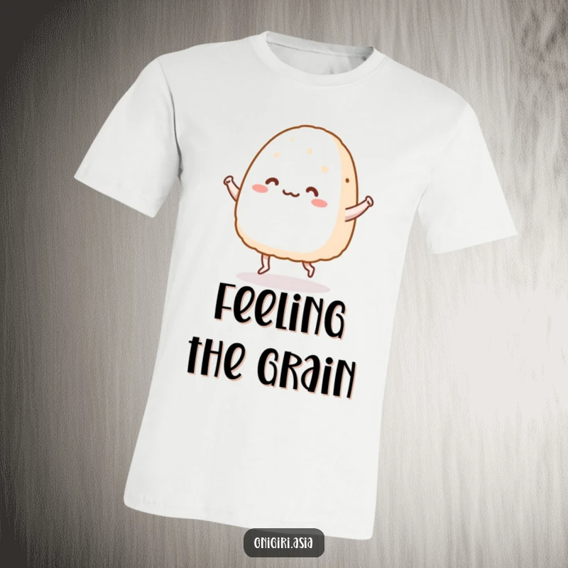 Funny T-shirt featuring an onigiri character with comically tiny legs doing a happy dance, full of humorous energy.