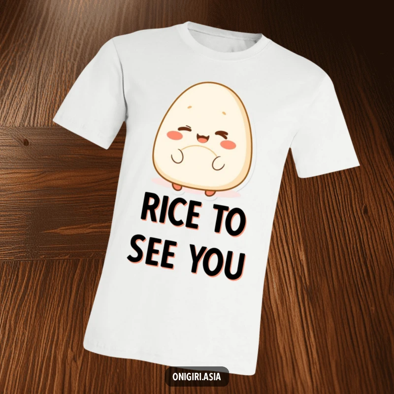 Funny t-shirt featuring a happy onigiri with a cheerful expression winking playfully, a delicious and humorous wearable art piece.
