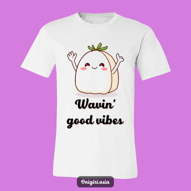 Funny Waving Onigiri T-Shirt: Wear Your Joy with this Energetic Rice Ball Tee!