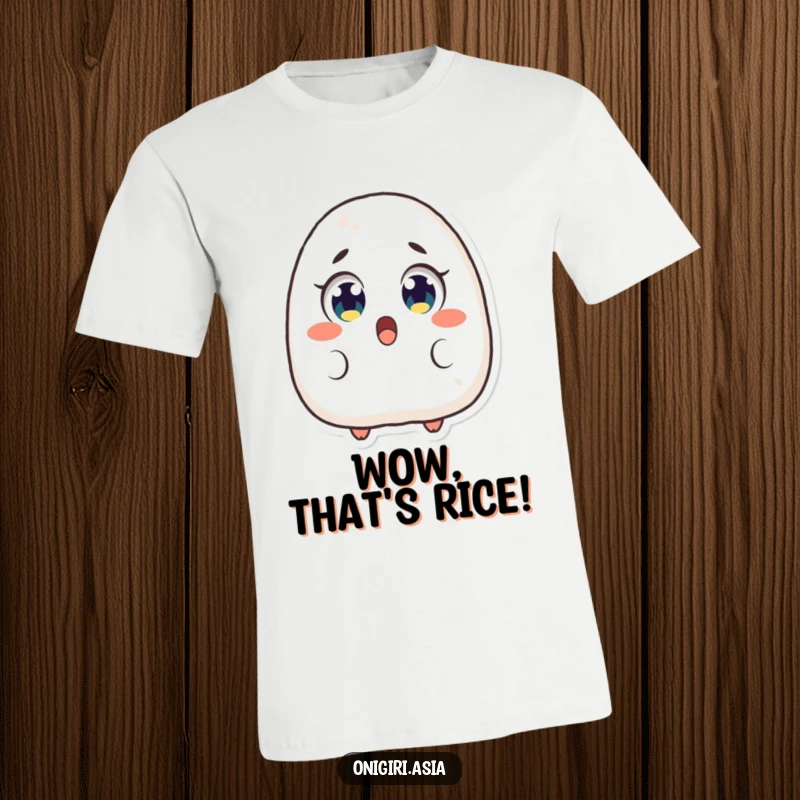 Funny Surprised Onigiri T-Shirt with a comical rice ball character displaying an exaggerated look of shock and excitement.