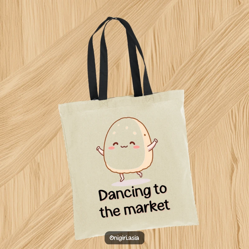 Funny tote bag featuring a happy onigiri character with tiny legs doing a dance, perfect for humorous errands.