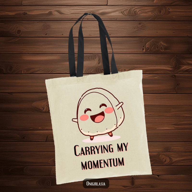 Funny tote bag showing a smiling onigiri with a wide crescent mouth doing a cartwheel, perfect for humorous outings.