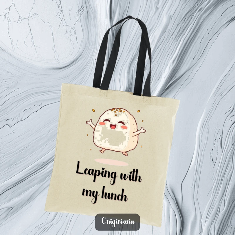 Funny Giggling Onigiri Tote Bag depicting a rice ball character leaping with joy, sprinkled with sesame seeds.