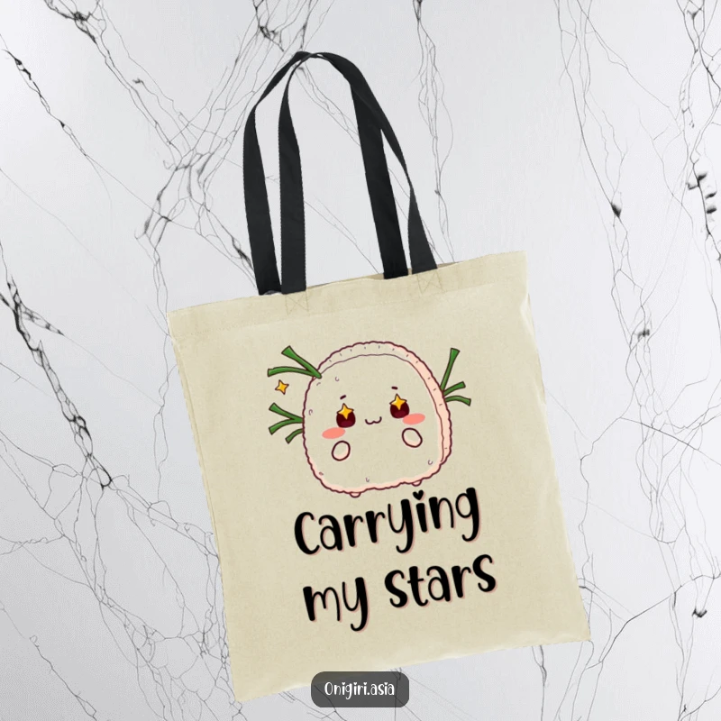 Funny tote bag showing a starry-eyed onigiri juggling seaweed strips, perfect for humorous and magical errands.